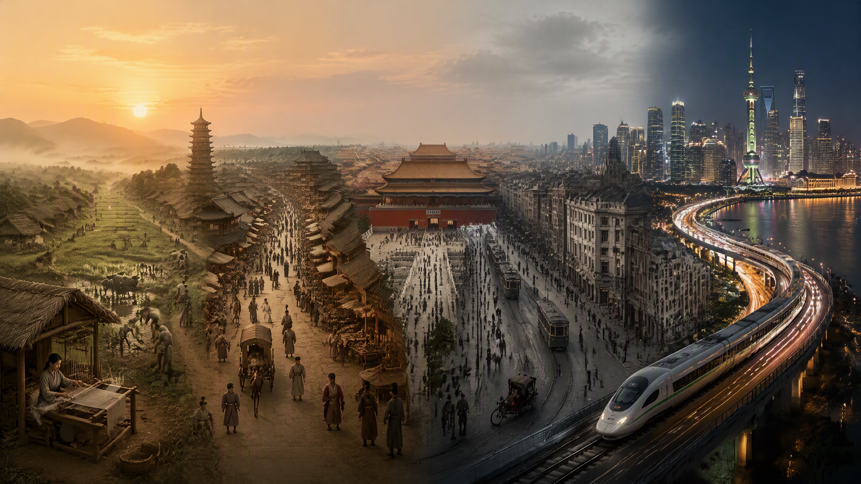 A cinematic panorama progressing from ancient Chinese farming and weaving through Tang prosperity, the Forbidden City and a pre-1949 city to a modern Chinese metropolis at night